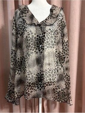 Sheer Leopard Animal Print Ruffle Silk Blouse